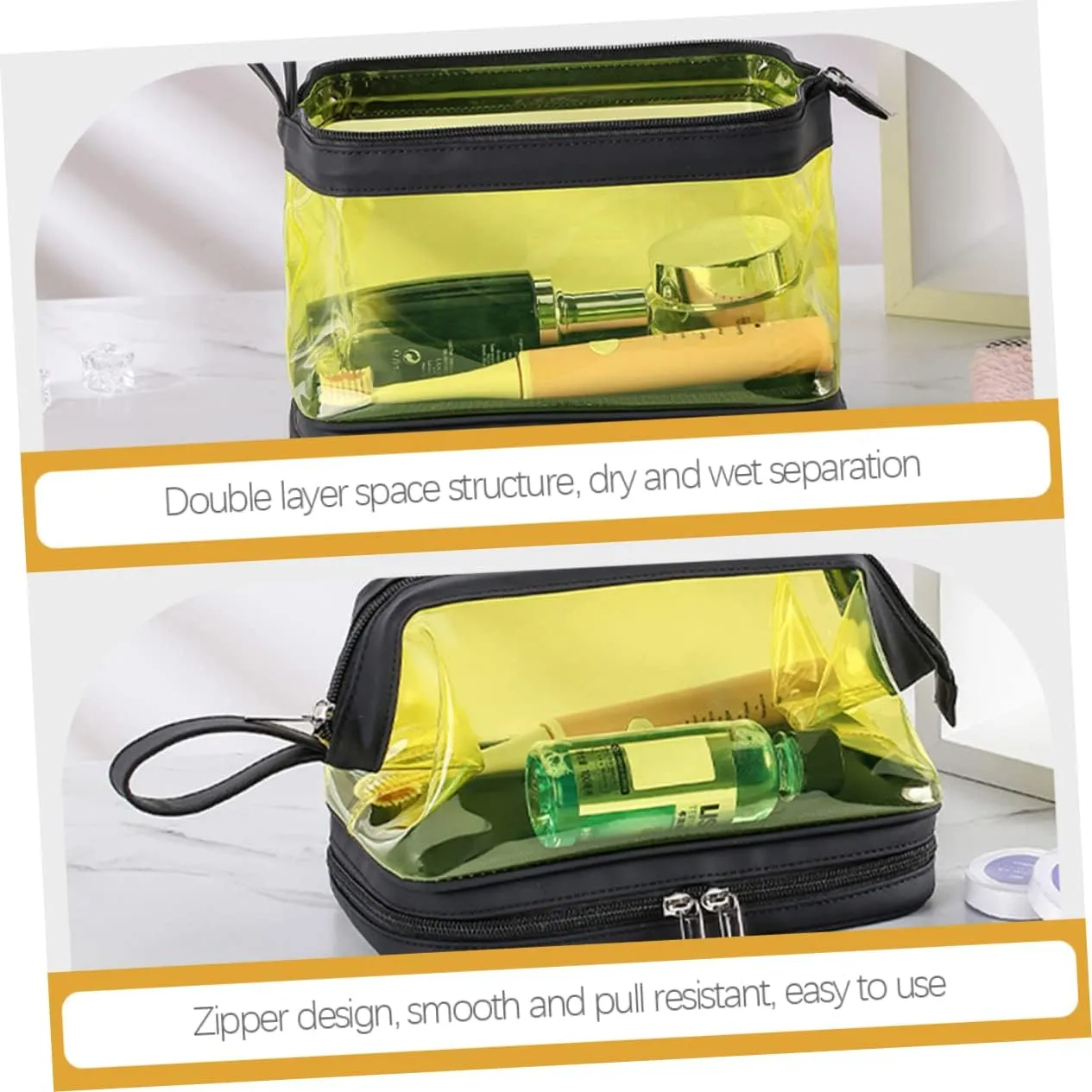 Angoily Transparent Cosmetic Bag Portable Travel Makeup Stand, Yellow, 22.5X16.5X12.5CM