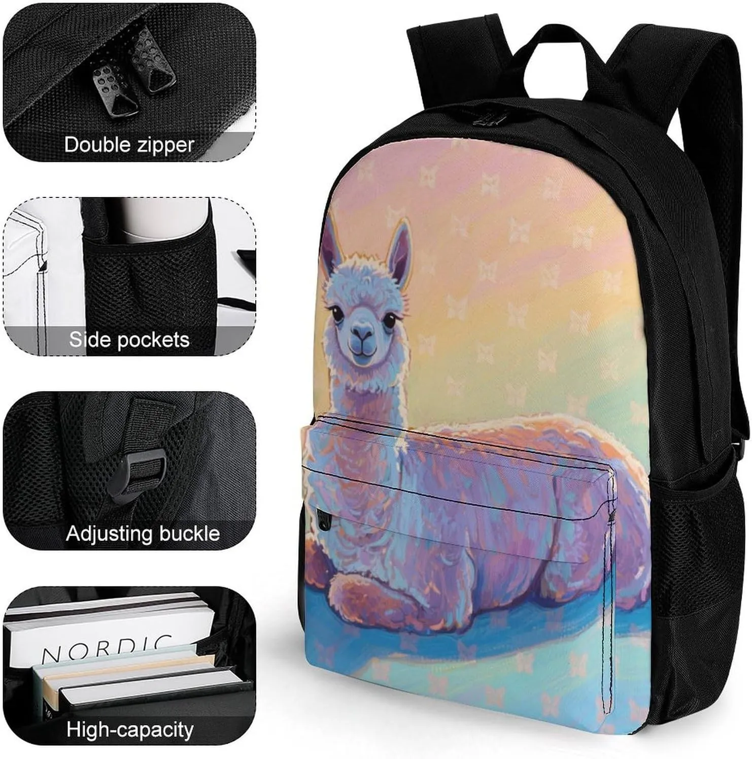 Animals Llama Art Rucksack Polyester Anti-Theft Multipurpose Carry On Bag Large Capacity Travel and Sport Backpack Rucksack With Smooth Zippers