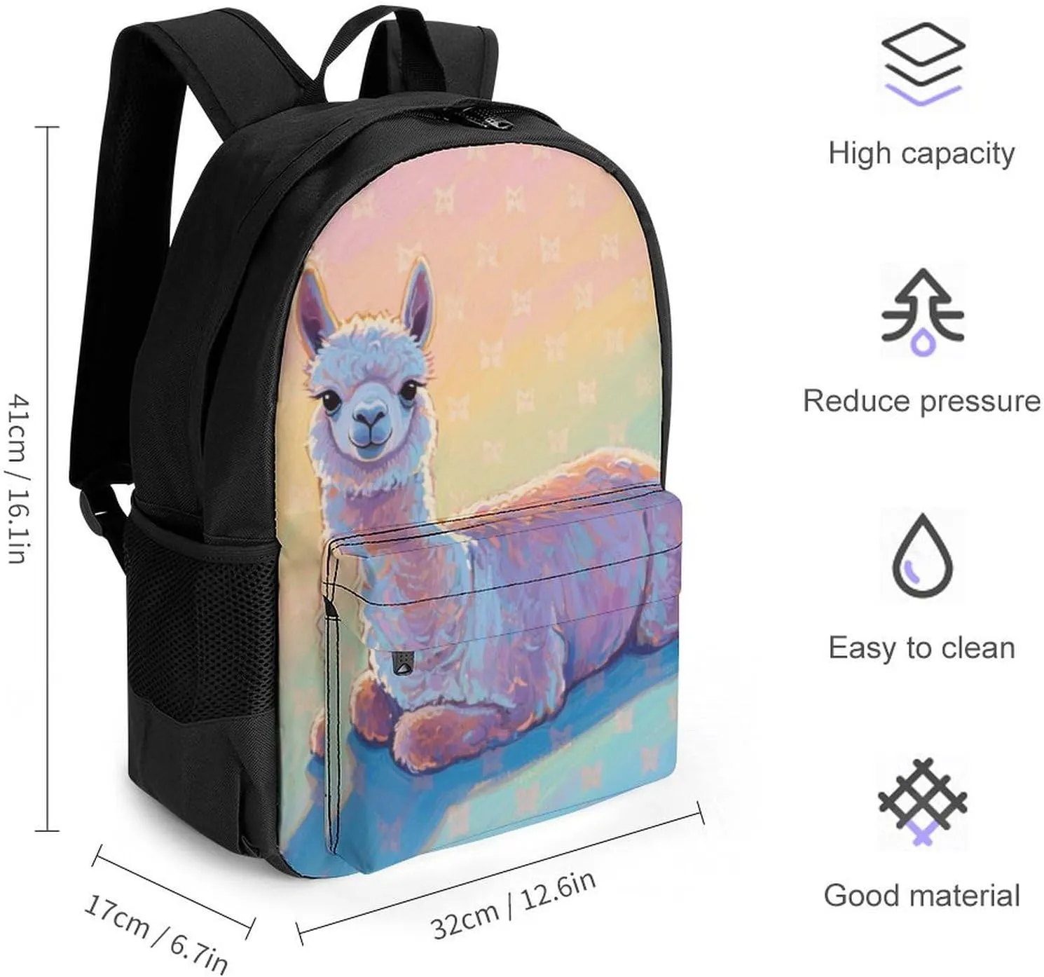 Animals Llama Art Rucksack Polyester Anti-Theft Multipurpose Carry On Bag Large Capacity Travel and Sport Backpack Rucksack With Smooth Zippers