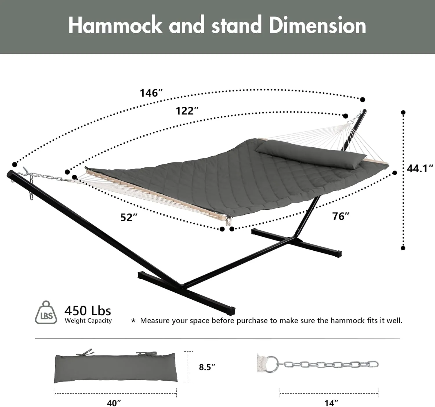 ANOW Outdoor Hammock with Stand 12FT, Heavy Duty Hammock with Steel Stand, Included Detachable Pillow and Pad, 450 LBS Weight Capacity, Gray
