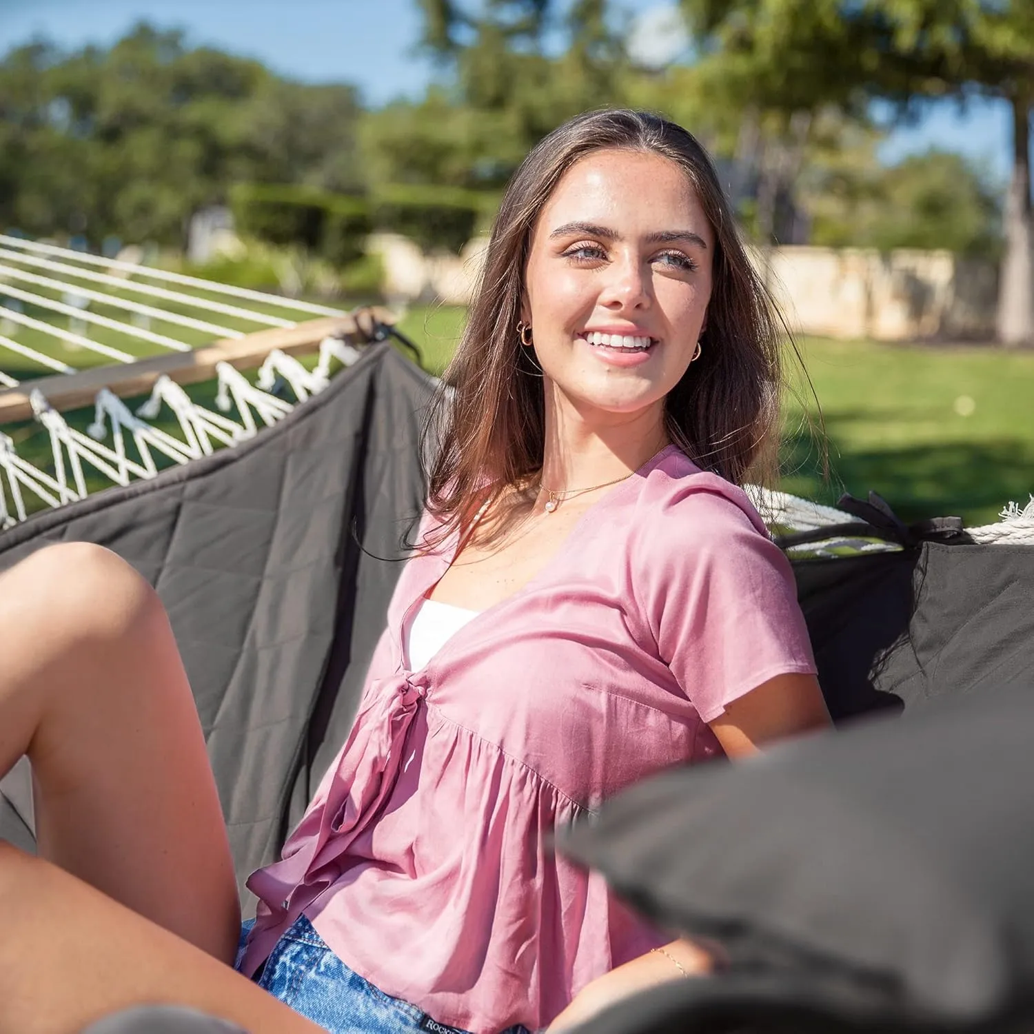 ANOW Outdoor Hammock with Stand 12FT, Heavy Duty Hammock with Steel Stand, Included Detachable Pillow and Pad, 450 LBS Weight Capacity, Gray