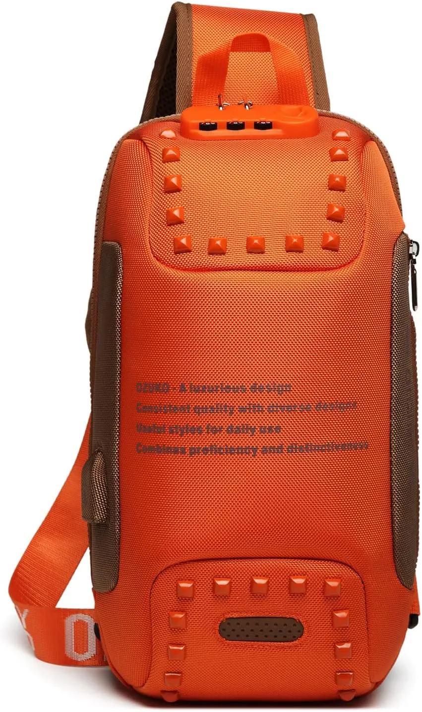 Anti-theft Sling Bag Men Business Crossbody bags with USB Charging Port Waterproof Chest Pack Women Small Backpack for Outdoor Work Hiking Running Sport Travel Bag Orange