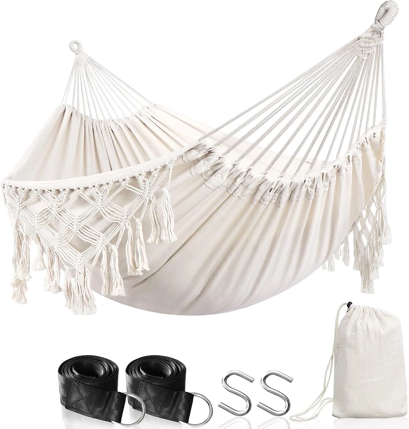 Anyoo Cotton Hammock - Comfortable & Elegant Deluxe Tassels, Sturdy Swing Hammock Up to 450lbs, Portable with Travel Bag, Perfect for Porch, Patio, Yard, Bedroom, Outdoor/Indoor