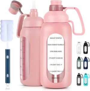 Aqulea Glass Water Bottles - 64 Oz Big Bottle with Straw, Pregnancy Tracker, Leakproof Gym Bottle with Sleeve, Water Jug with Time Marker