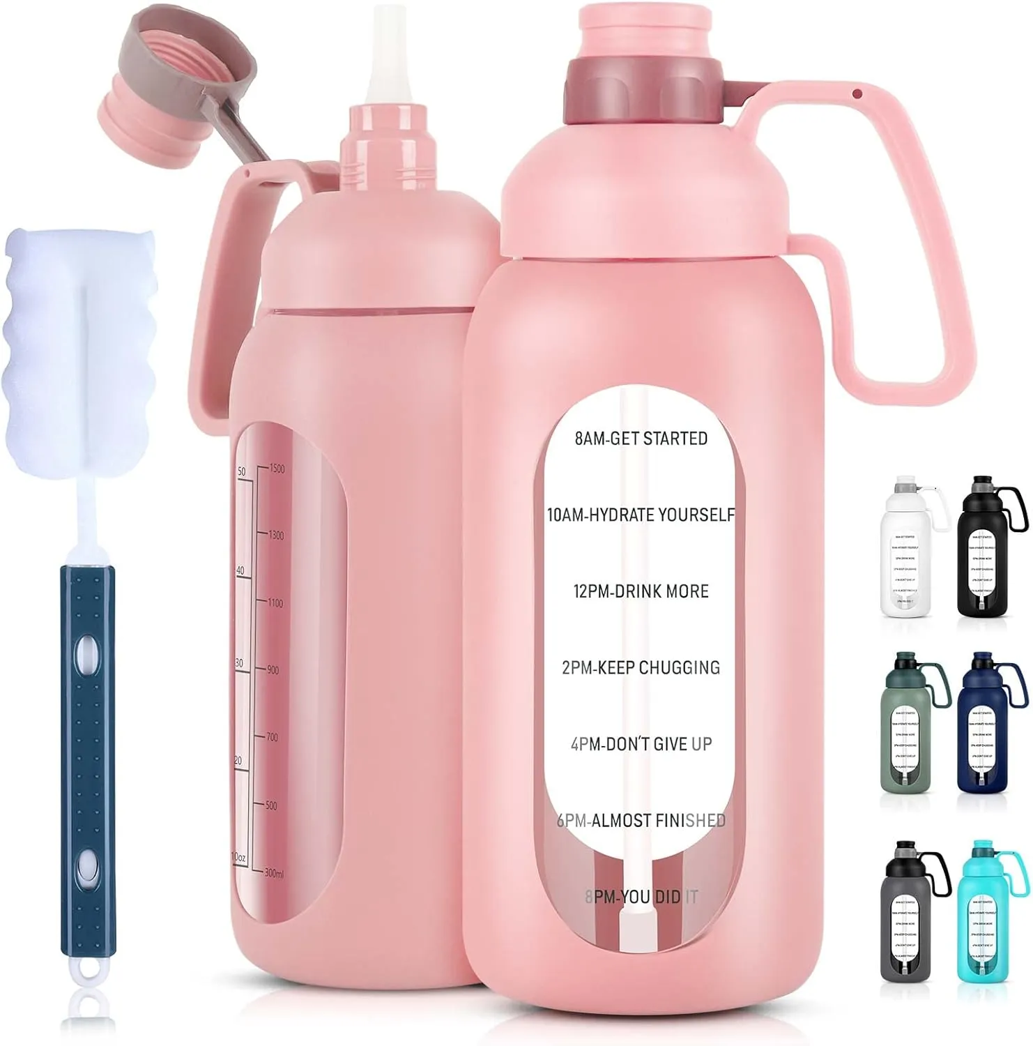 Aqulea Glass Water Bottles - 64 Oz Big Bottle with Straw, Pregnancy Tracker, Leakproof Gym Bottle with Sleeve, Water Jug with Time Marker