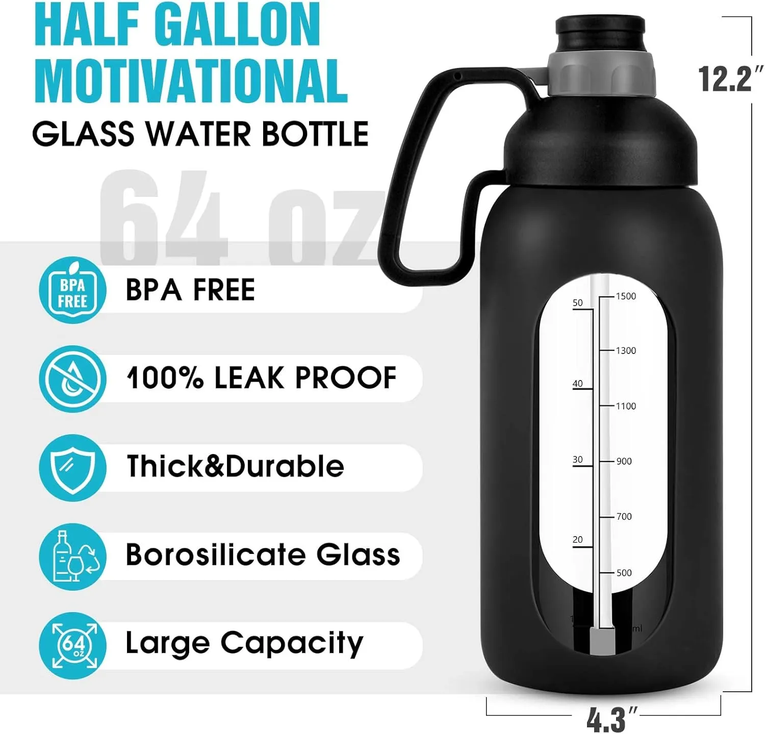 Aqulea Glass Water Bottles - 64 Oz Big Bottle with Straw, Pregnancy Tracker, Leakproof Gym Bottle with Sleeve, Water Jug with Time Marker
