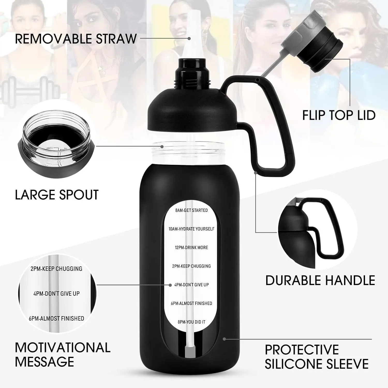 Aqulea Glass Water Bottles - 64 Oz Big Bottle with Straw, Pregnancy Tracker, Leakproof Gym Bottle with Sleeve, Water Jug with Time Marker