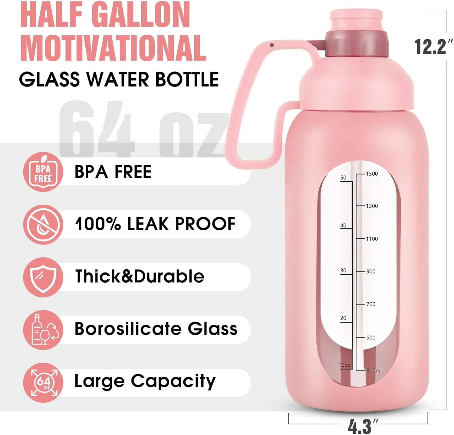Aqulea Glass Water Bottles - 64 Oz Big Bottle with Straw, Pregnancy Tracker, Leakproof Gym Bottle with Sleeve, Water Jug with Time Marker