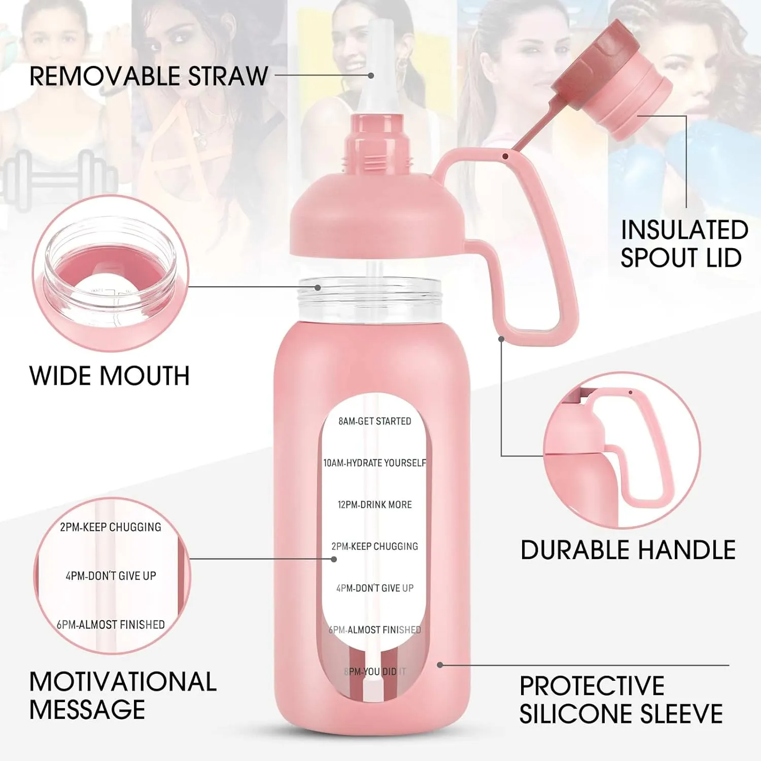 Aqulea Glass Water Bottles - 64 Oz Big Bottle with Straw, Pregnancy Tracker, Leakproof Gym Bottle with Sleeve, Water Jug with Time Marker