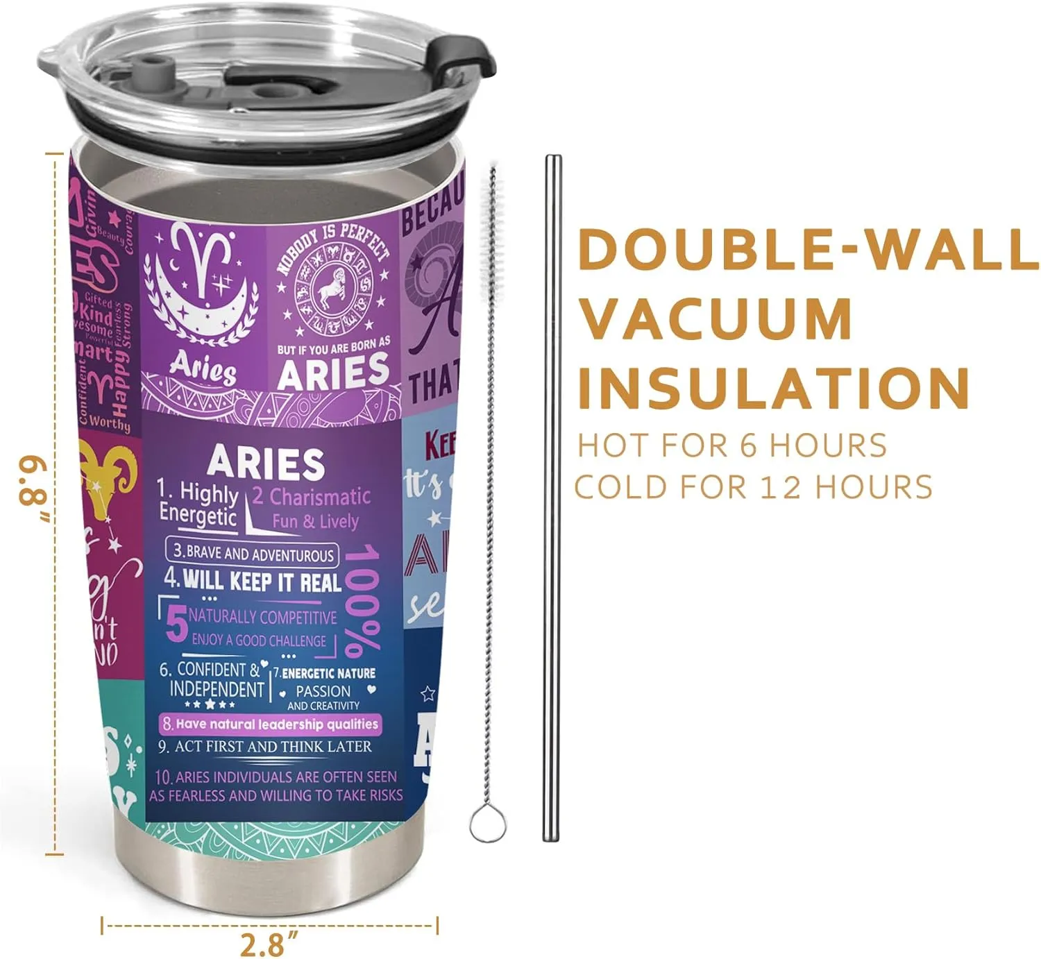 Aries Zodiac Tumbler - Birthday Gift for Women, Astrology Gothic Witchy Cup, Constellation Insulated Coffee Mug With Lid, 20 OZ