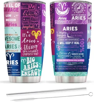 Aries Zodiac Tumbler - Birthday Gift for Women, Astrology Gothic Witchy Cup, Constellation Insulated Coffee Mug With Lid, 20 OZ