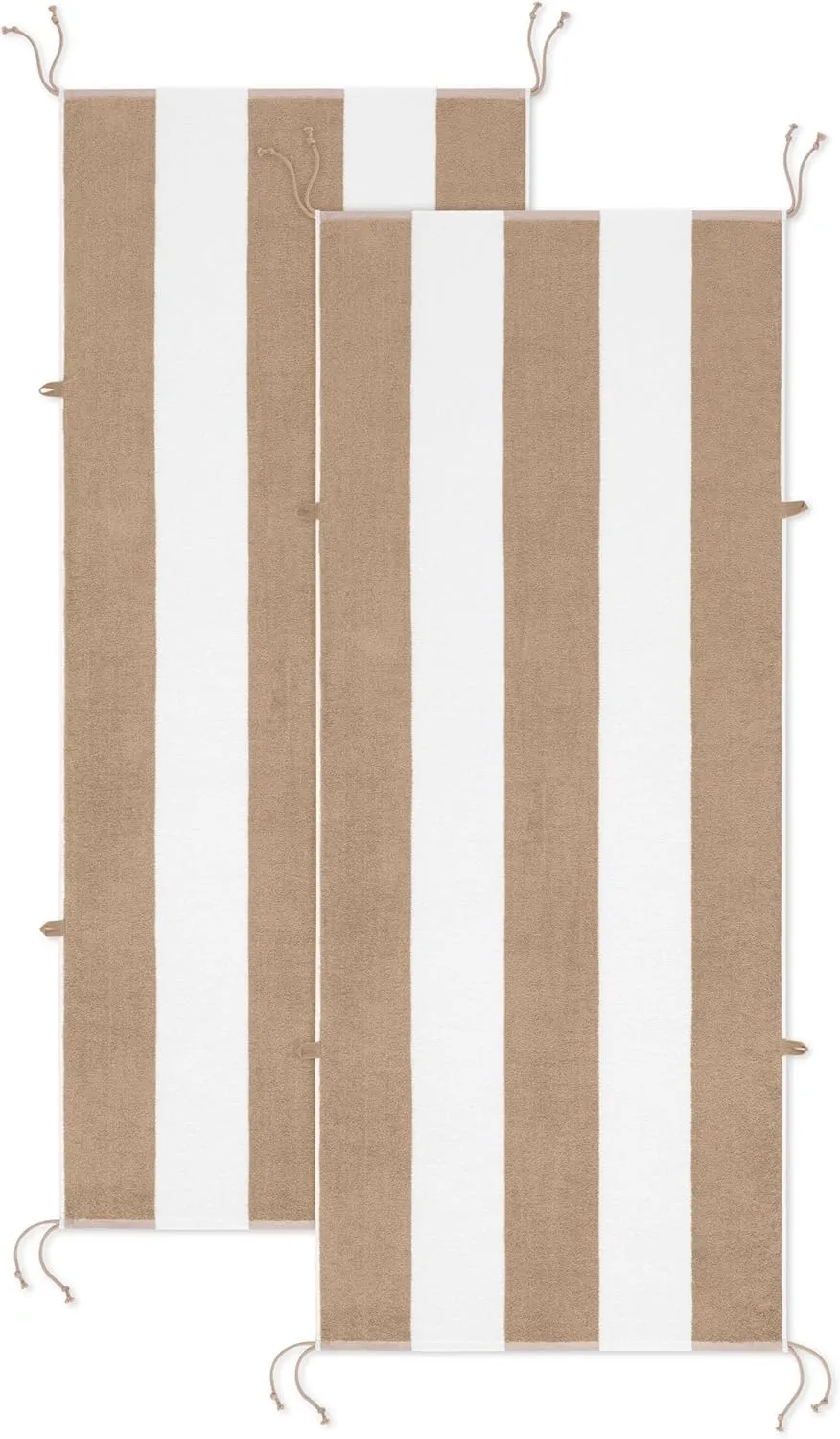 Arkwright Tie-and-Dry Beach Towel, 2-Pack, Clip-Free Pool Chair Cover with Rope Ties Holder for Outdoor Patio Chaise Lounge, 420GSM Cabana Stripe, Oversized 30 x 70 in, White Pepper Beige