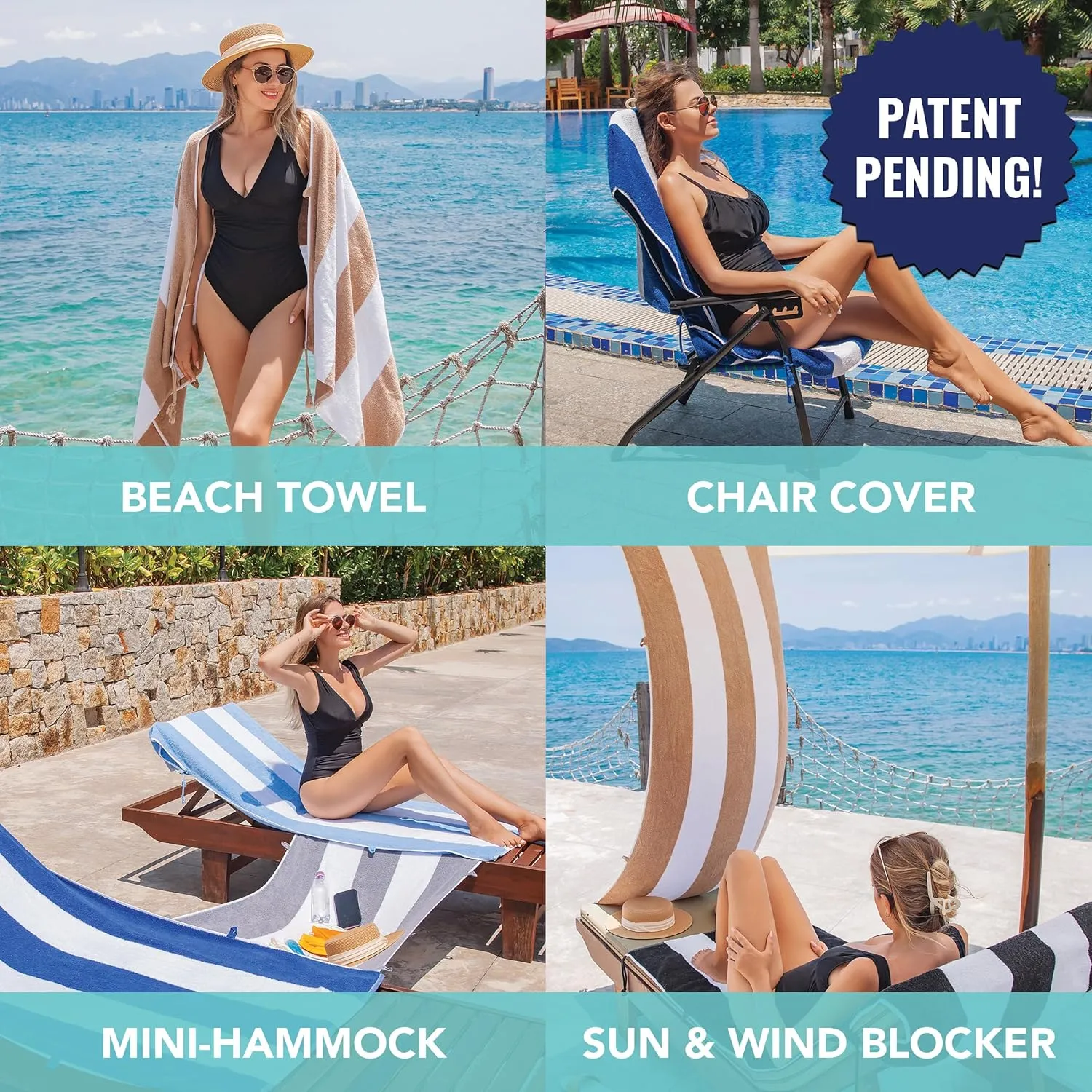 Arkwright Tie-and-Dry Beach Towel, 2-Pack, Clip-Free Pool Chair Cover with Rope Ties Holder for Outdoor Patio Chaise Lounge, 420GSM Cabana Stripe, Oversized 30 x 70 in, White Pepper Beige