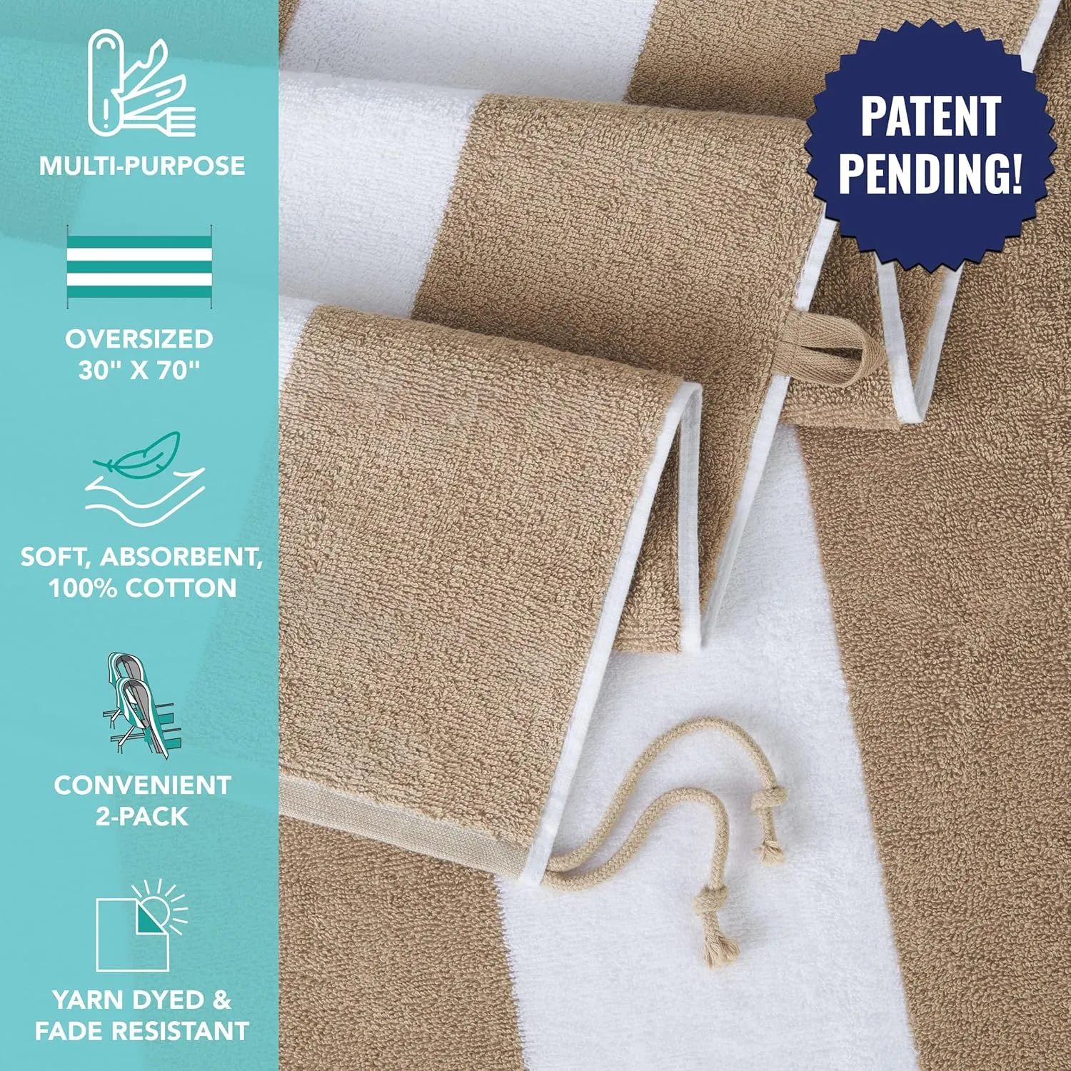 Arkwright Tie-and-Dry Beach Towel, 2-Pack, Clip-Free Pool Chair Cover with Rope Ties Holder for Outdoor Patio Chaise Lounge, 420GSM Cabana Stripe, Oversized 30 x 70 in, White Pepper Beige