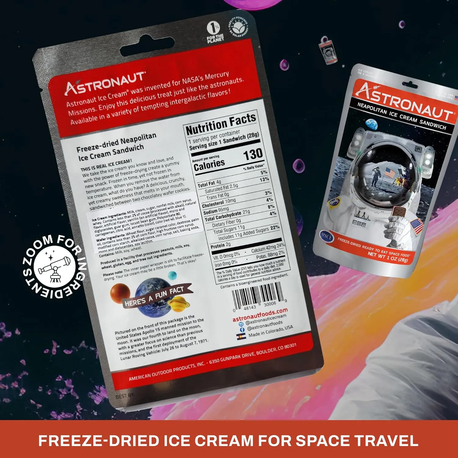 Astronaut Foods Freeze-Dried Ice Cream Sandwich, NASA Space Dessert, Neapolitan, 6 Count