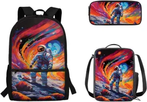 Astronaut School Bags for Boys, 6-8 Kindergarten Backpack for Girls 3 Pcs Set Lightweight Kids Bookbag with Lunch Tote Bag and Pencil Bag
