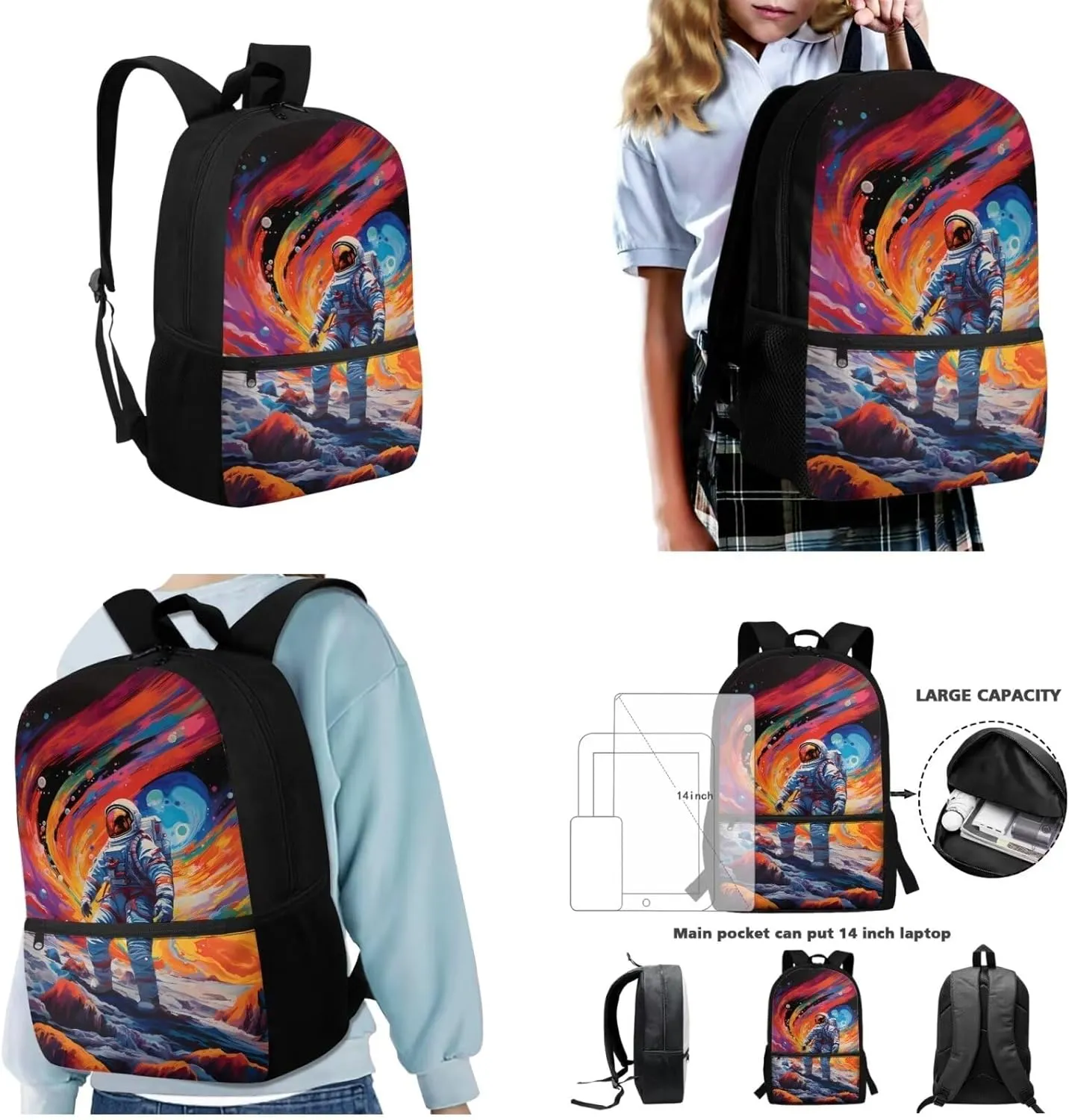 Astronaut School Bags for Boys, 6-8 Kindergarten Backpack for Girls 3 Pcs Set Lightweight Kids Bookbag with Lunch Tote Bag and Pencil Bag