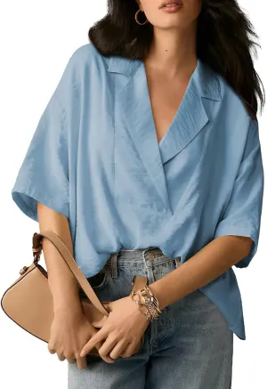 Astylish Womens Dressy Casual Blouse Business Short Sleeve Collared Tops Placket V Neck Work Shirt