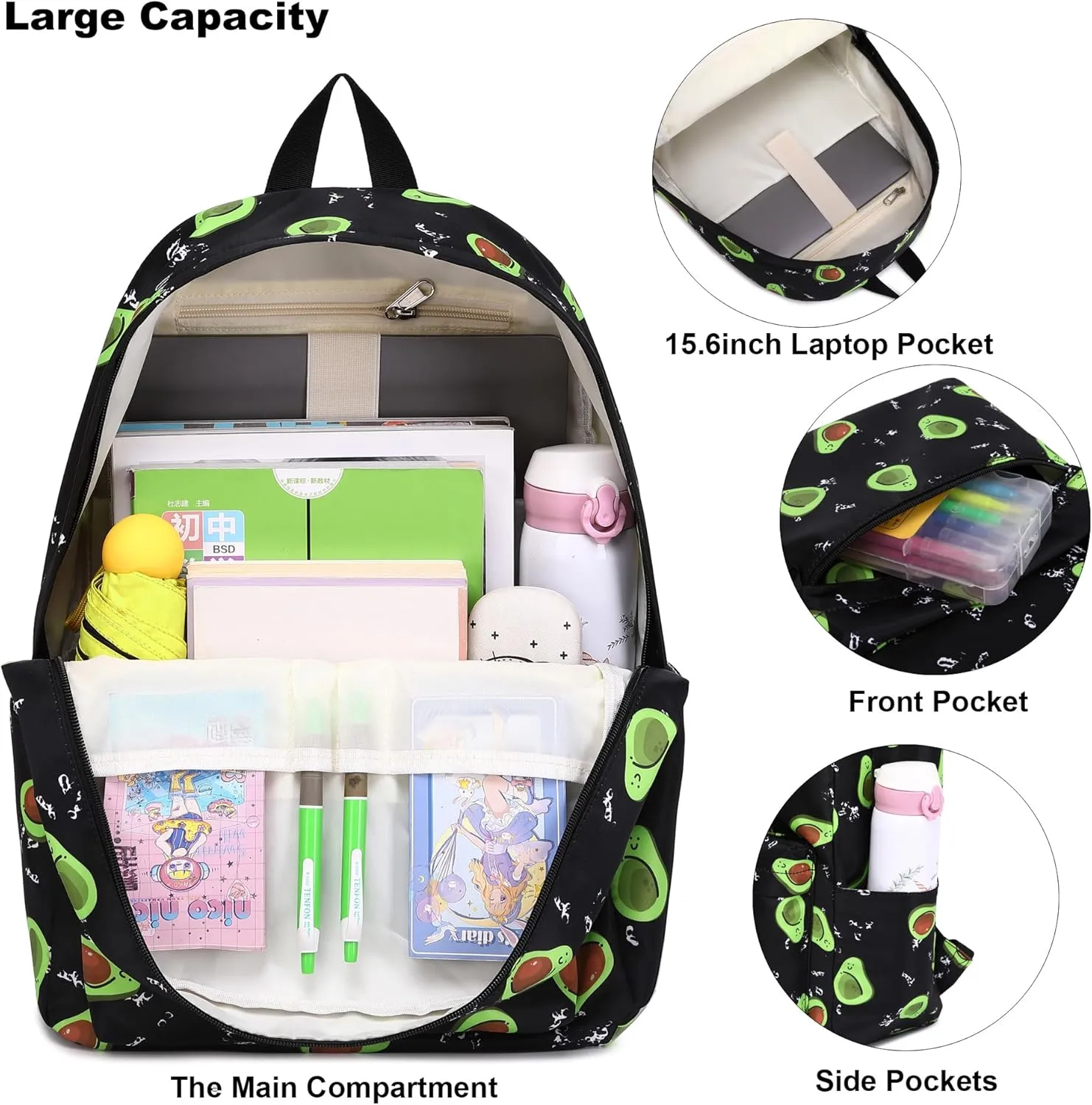 Avocado School Backpack for Teen Girls, 3-in-1 Kids Backpack Bookbag Set School Bags with Lunch Box Pencil Case