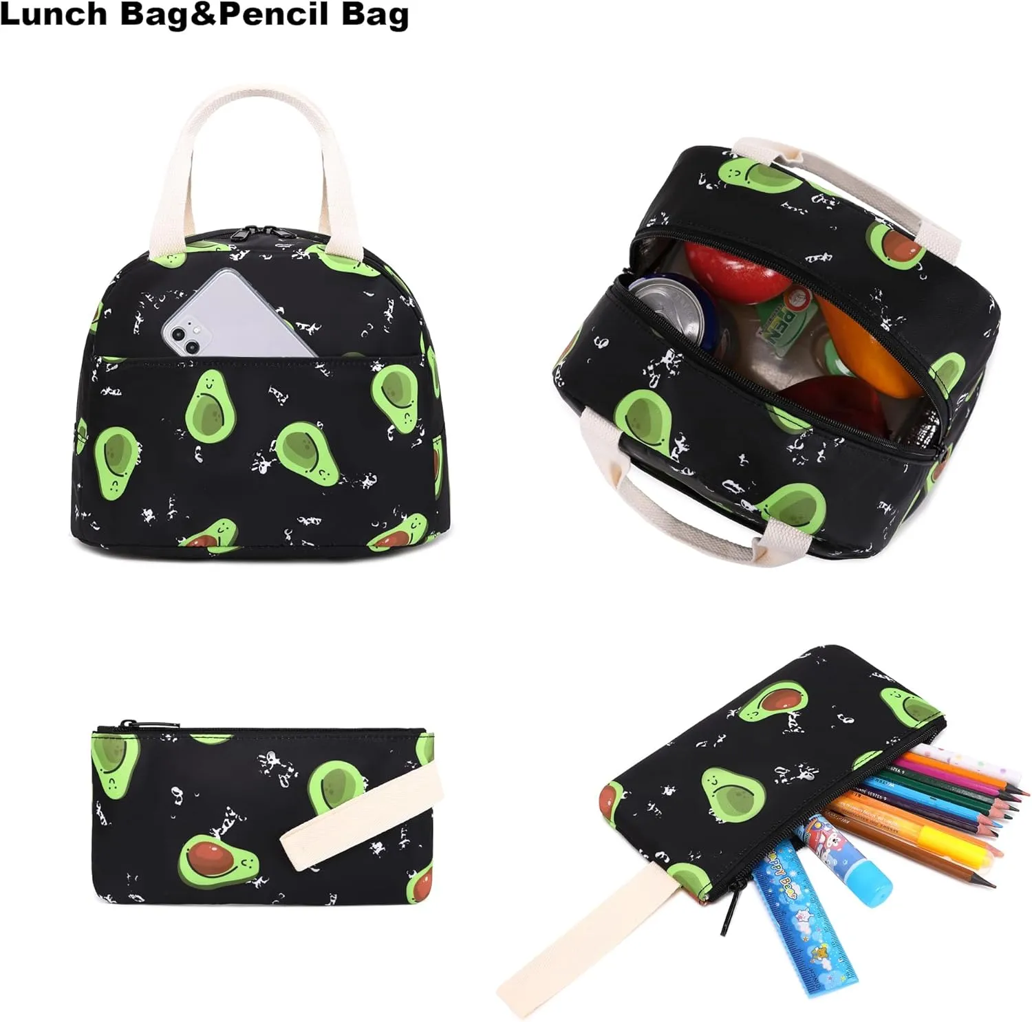 Avocado School Backpack for Teen Girls, 3-in-1 Kids Backpack Bookbag Set School Bags with Lunch Box Pencil Case