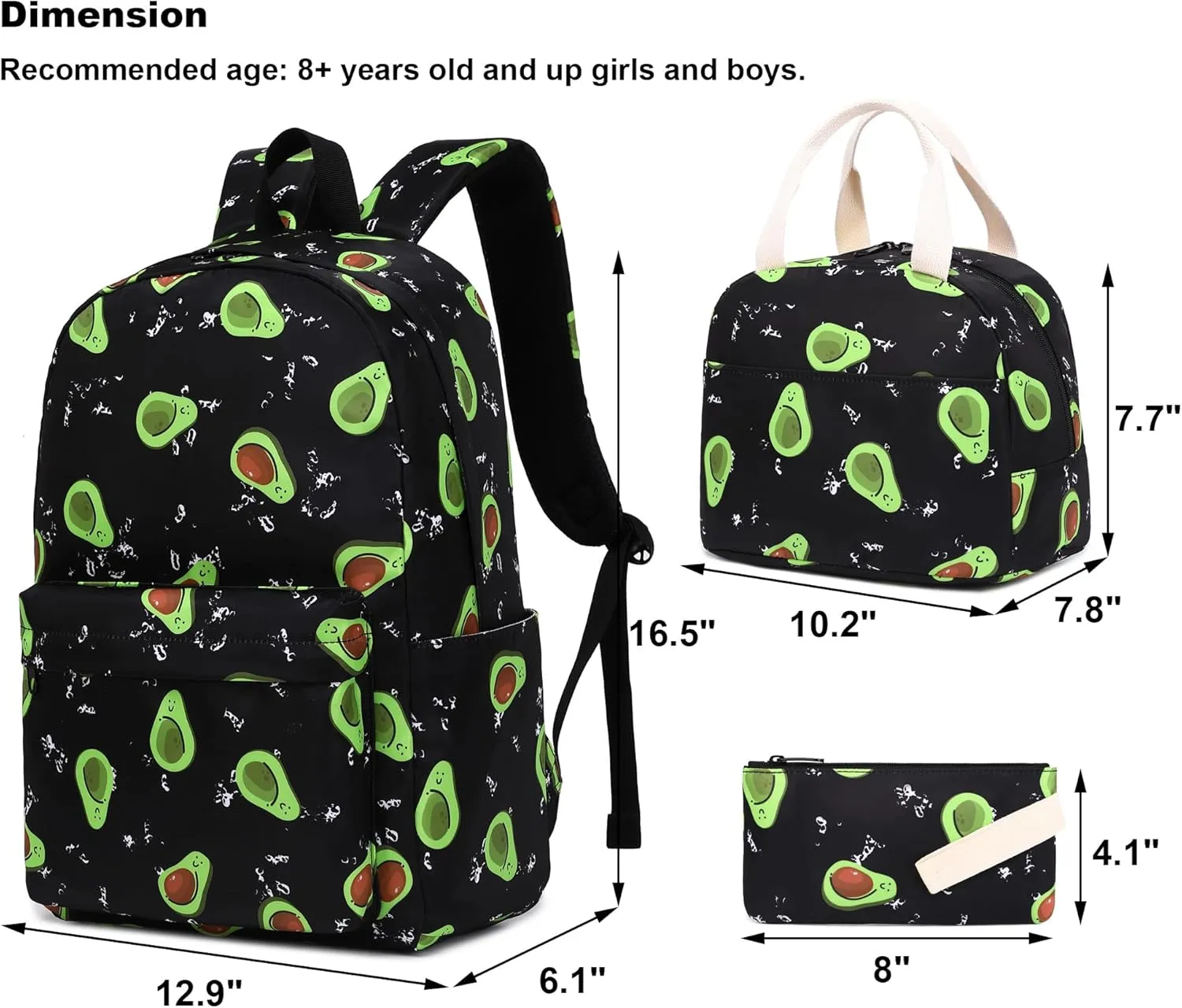 Avocado School Backpack for Teen Girls, 3-in-1 Kids Backpack Bookbag Set School Bags with Lunch Box Pencil Case