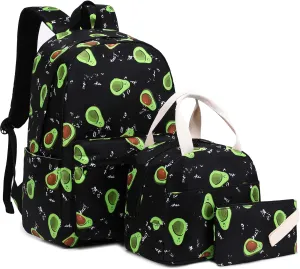 Avocado School Backpack for Teen Girls, 3-in-1 Kids Backpack Bookbag Set School Bags with Lunch Box Pencil Case