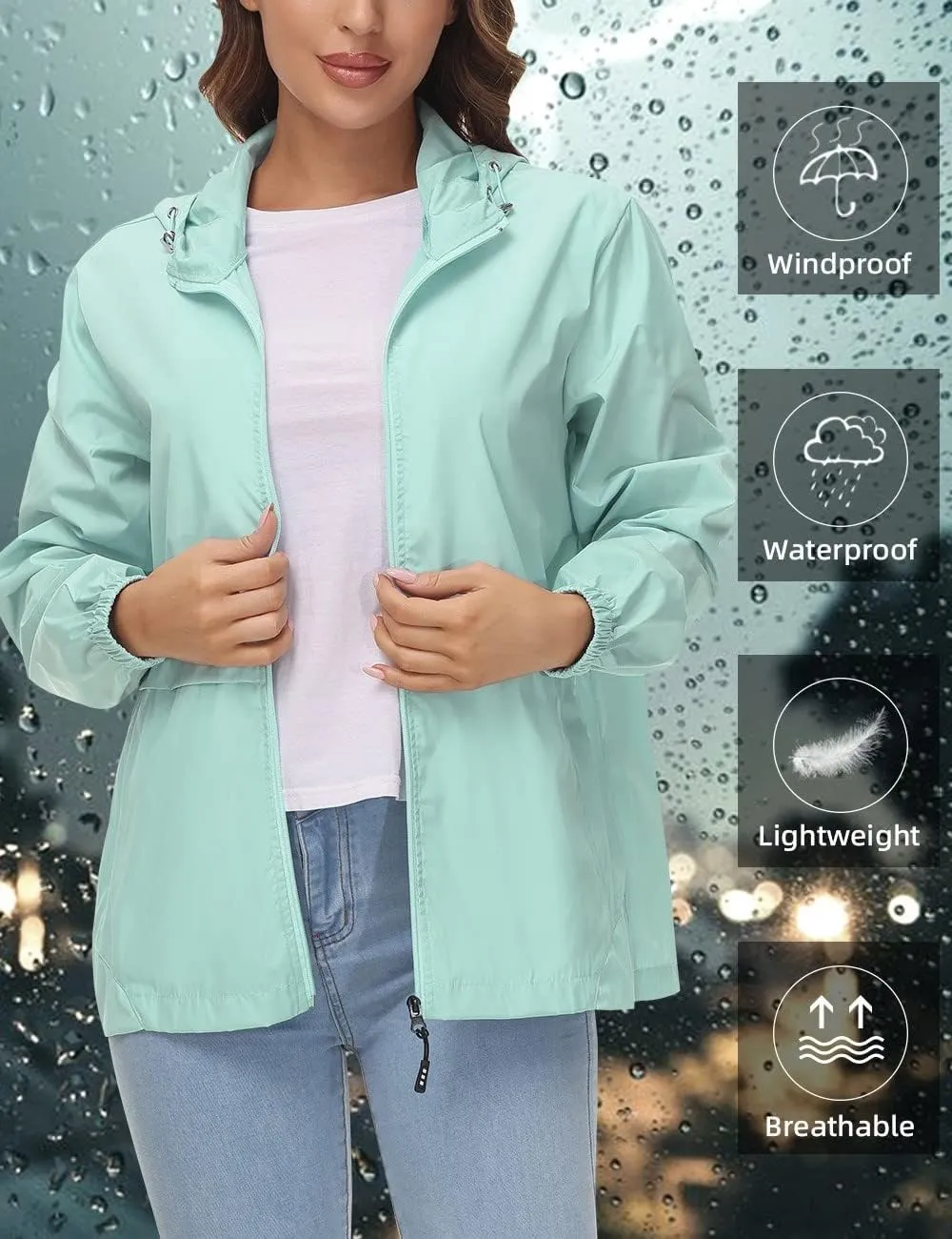 Avoogue Womens Waterproof Rain Jacket Lightweight Raincoat Packable Hooded Outdoor Windbreaker