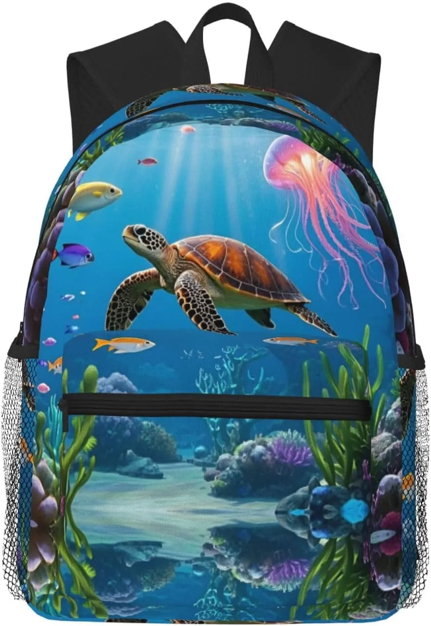 Backpack for Women Men 15.7 in, Lightweight Travel Backpack Waterproof Casual Daypack Laptop Computer Backpacks Carry On Bag Purse for Travel Business Hiking Work, Underwater Turtle Jellyfish Fish