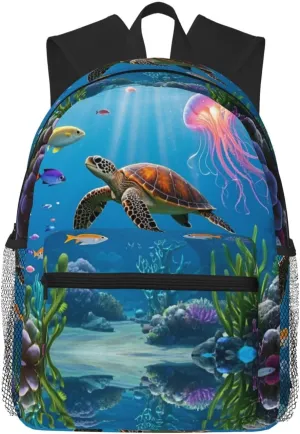 Backpack for Women Men 15.7 in, Lightweight Travel Backpack Waterproof Casual Daypack Laptop Computer Backpacks Carry On Bag Purse for Travel Business Hiking Work, Underwater Turtle Jellyfish Fish