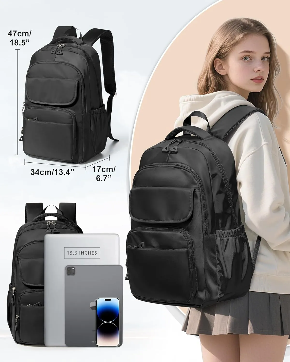 Backpack for Women Men, Waterproof High School Backpacks, Multifunction Casual Daypack, Classic Basic College Backpack, Middle School Bookbag for Teen Girls Boys, Children backpacks, Black