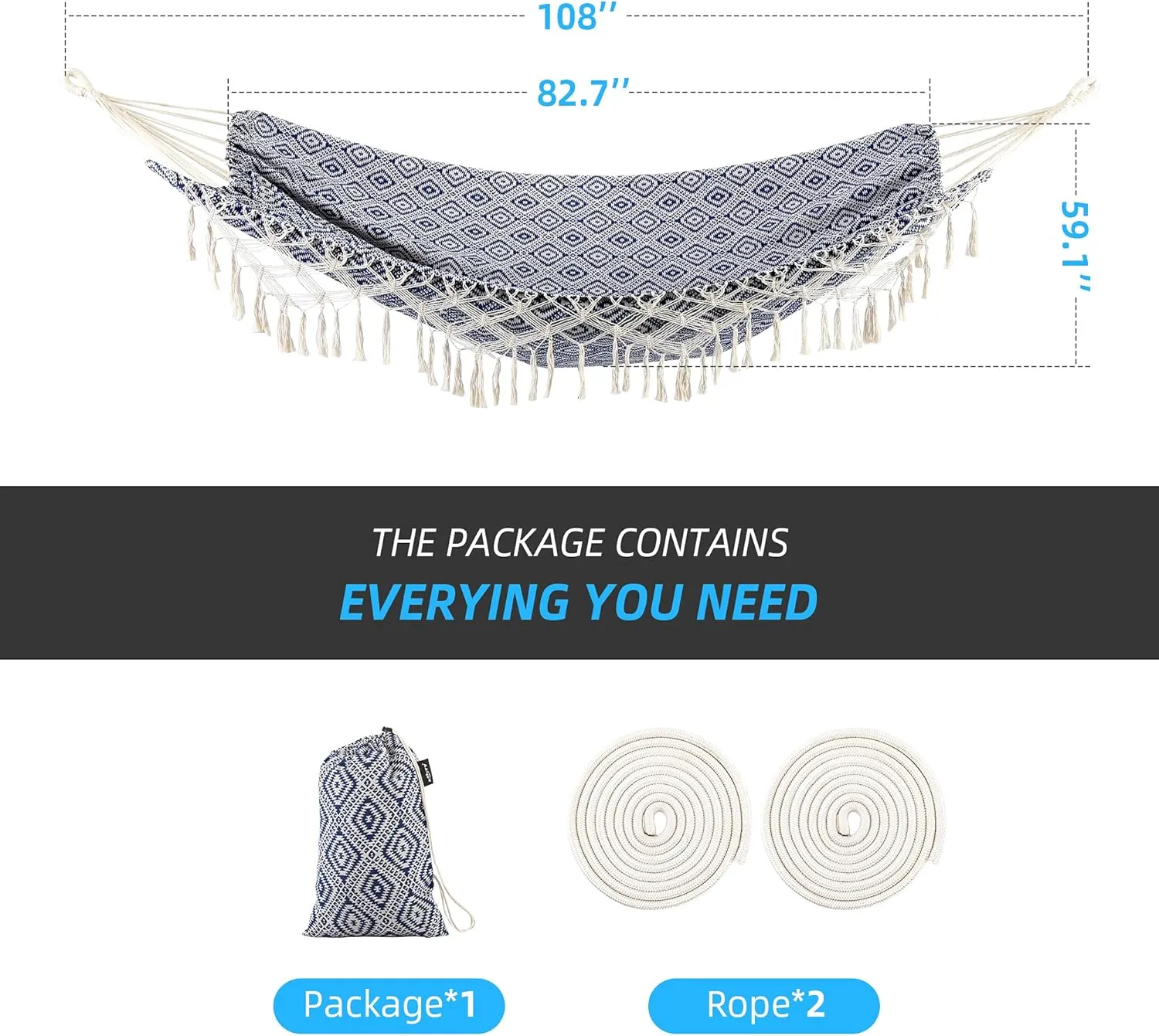 Backyard Hammock with Tassels,Garden Hammocks with Portable Carry,Bag Deluxe Macrame Fringe for Patio,Garden,Backyard,Beach,Outdoor and Indoor Porch Fabric, Up to 450Lbs (Blue-Diamond)