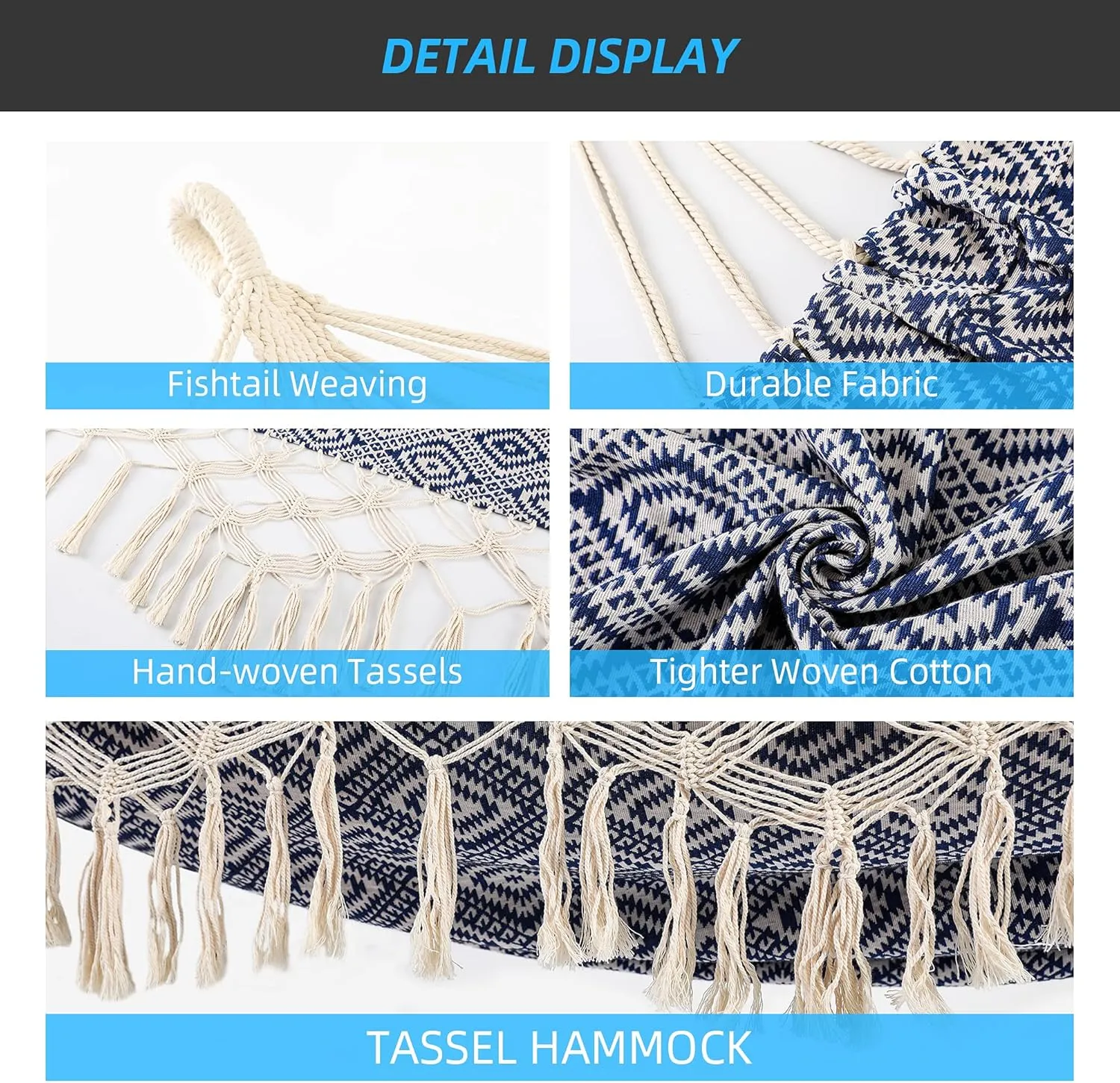 Backyard Hammock with Tassels,Garden Hammocks with Portable Carry,Bag Deluxe Macrame Fringe for Patio,Garden,Backyard,Beach,Outdoor and Indoor Porch Fabric, Up to 450Lbs (Blue-Diamond)