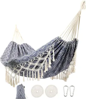 Backyard Hammock with Tassels,Garden Hammocks with Portable Carry,Bag Deluxe Macrame Fringe for Patio,Garden,Backyard,Beach,Outdoor and Indoor Porch Fabric, Up to 450Lbs (Blue-Diamond)