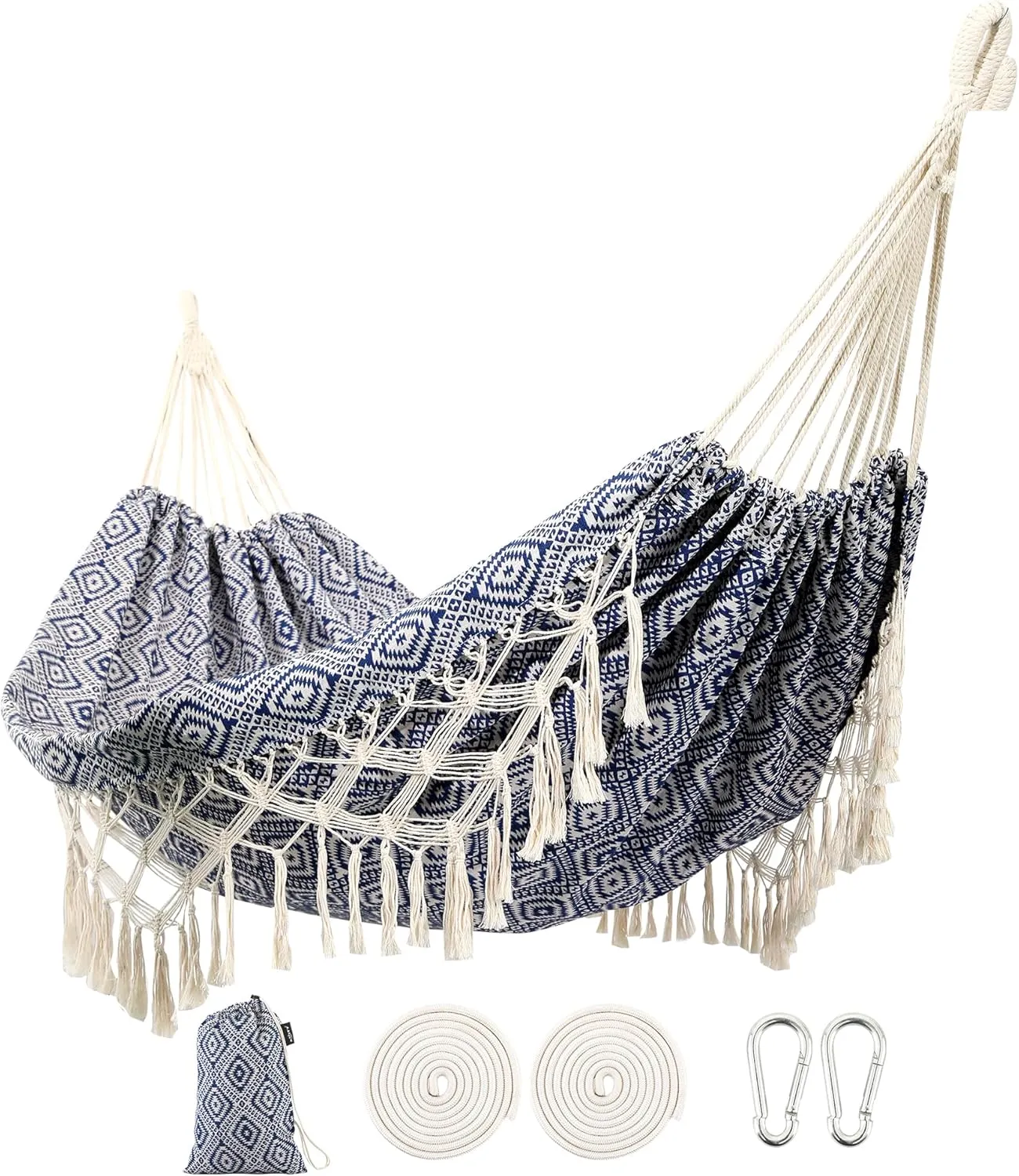 Backyard Hammock with Tassels,Garden Hammocks with Portable Carry,Bag Deluxe Macrame Fringe for Patio,Garden,Backyard,Beach,Outdoor and Indoor Porch Fabric, Up to 450Lbs (Blue-Diamond)