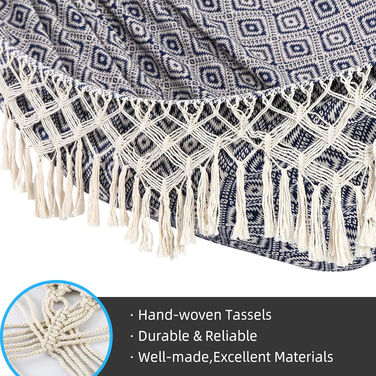 Backyard Hammock with Tassels,Garden Hammocks with Portable Carry,Bag Deluxe Macrame Fringe for Patio,Garden,Backyard,Beach,Outdoor and Indoor Porch Fabric, Up to 450Lbs (Blue-Diamond)