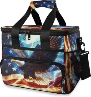 Bald Eagle American Flag Lightning Cooler Bag Insulated Cooler Soft Sided Cooler 24 Can Portable Picnic Bag Large Leakproof Lunch Bag Box for Beach Grocery Camping Travel Car Men Women