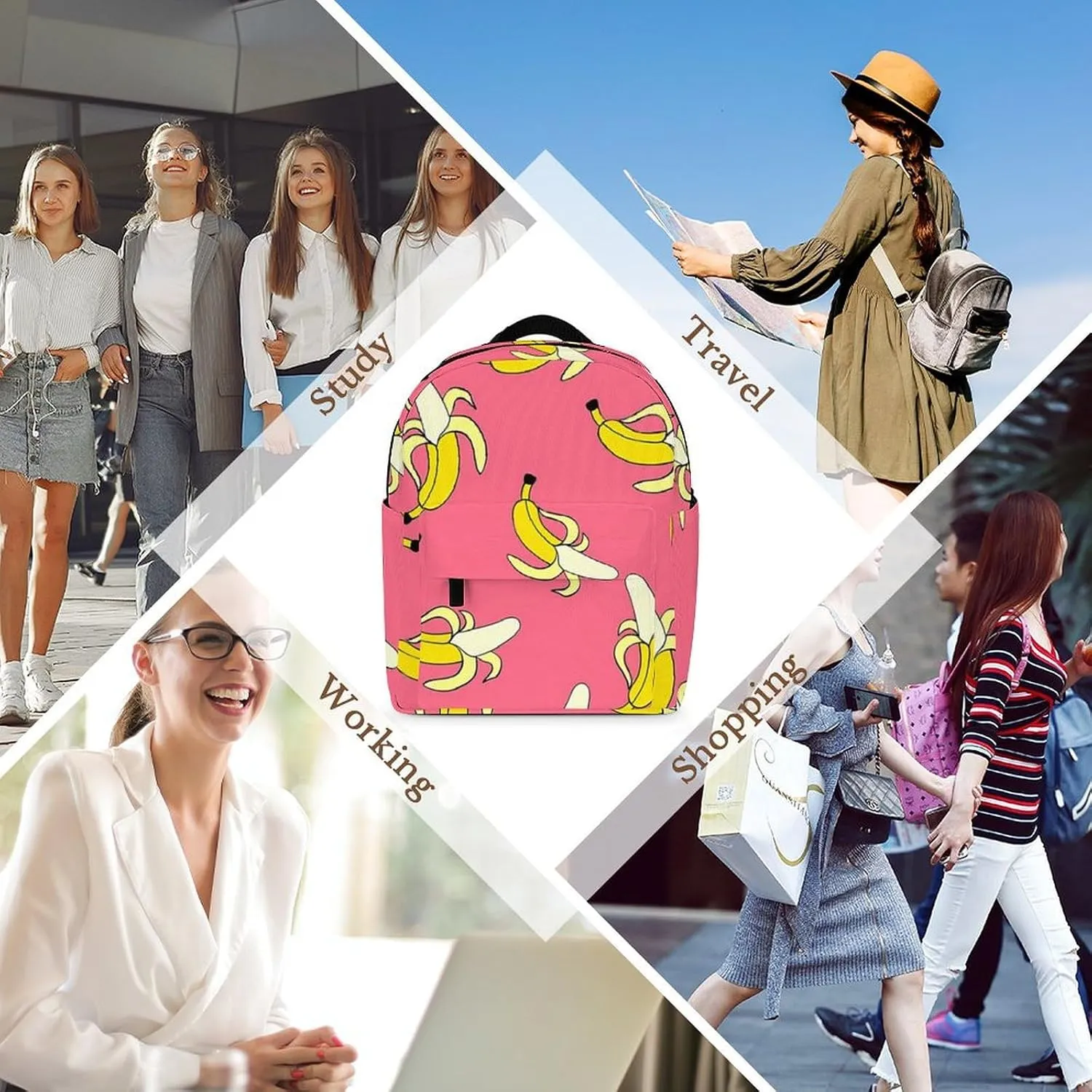 Banana Pattern Casual Women's Backpack, Lightweight, Waterproof, Versatile Daily Bag