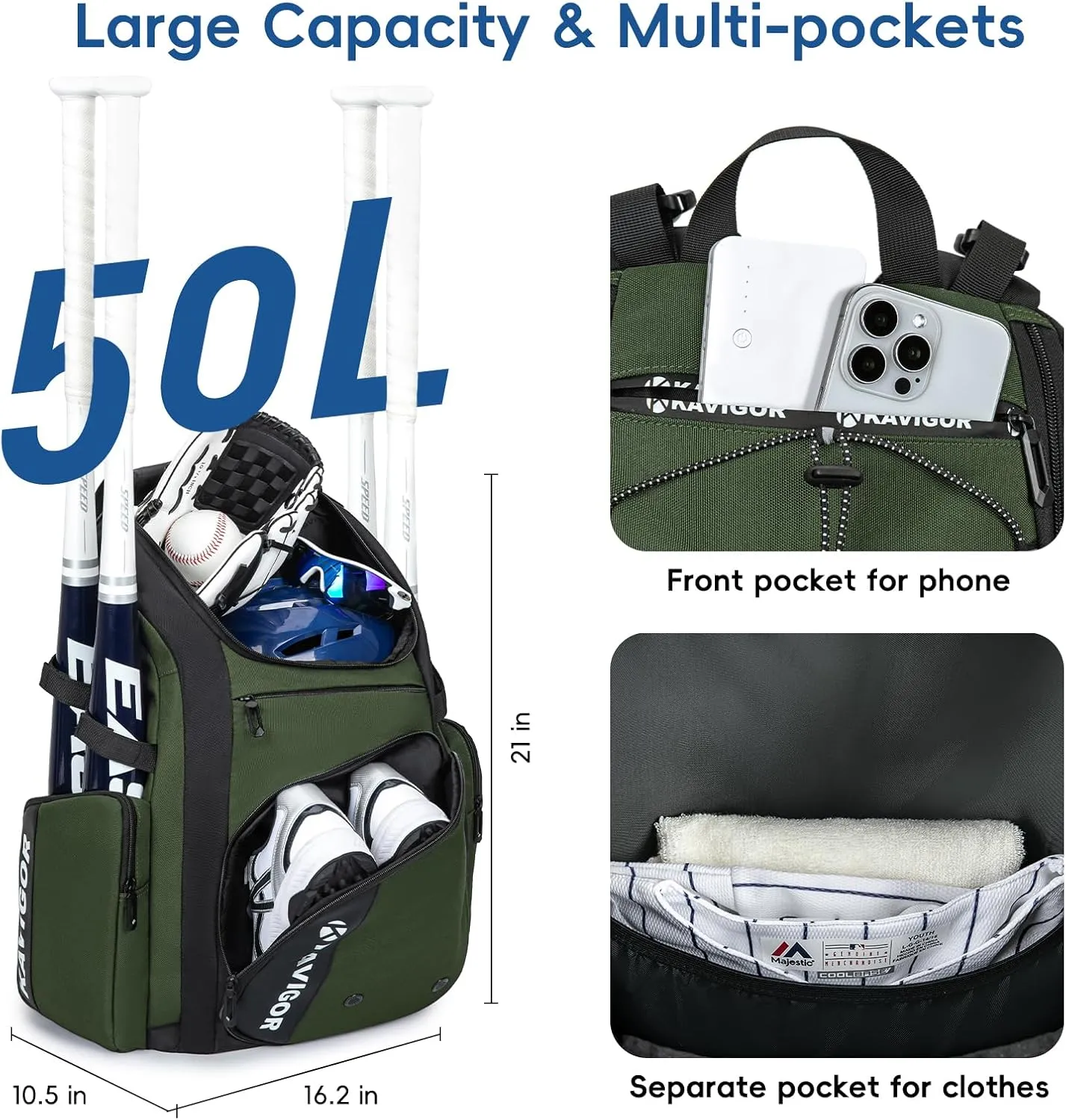 Baseball Bag for Youth and Adult, Softball Bag 50L Large Capacity Holds 4 Bats, Equipment Backpack with Shoes Compartment