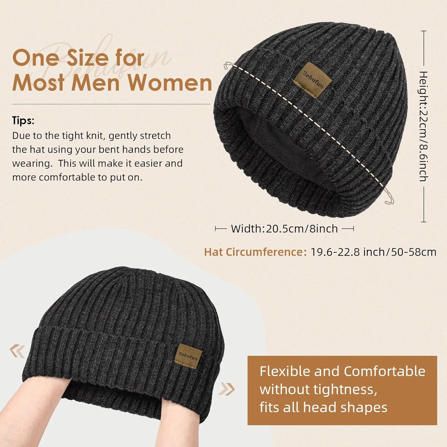 Beanies Hats Men 3 Pack, Unisex Beanie for Men Women, Warm Soft Polar Fleece Lining Thick Knit Cuff Winter Hat