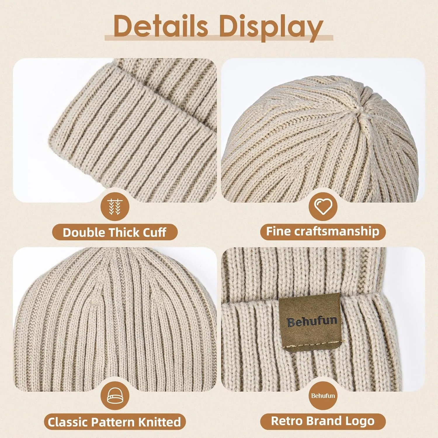 Beanies Hats Men 3 Pack, Unisex Beanie for Men Women, Warm Soft Polar Fleece Lining Thick Knit Cuff Winter Hat