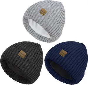 Beanies Hats Men 3 Pack, Unisex Beanie for Men Women, Warm Soft Polar Fleece Lining Thick Knit Cuff Winter Hat