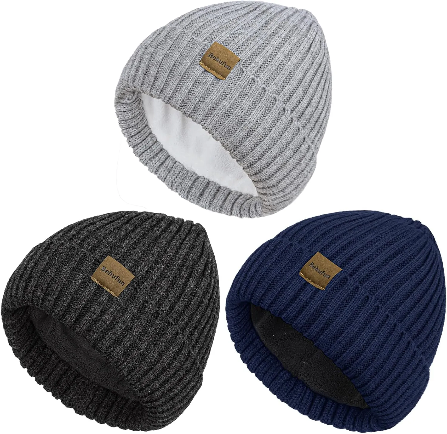 Beanies Hats Men 3 Pack, Unisex Beanie for Men Women, Warm Soft Polar Fleece Lining Thick Knit Cuff Winter Hat
