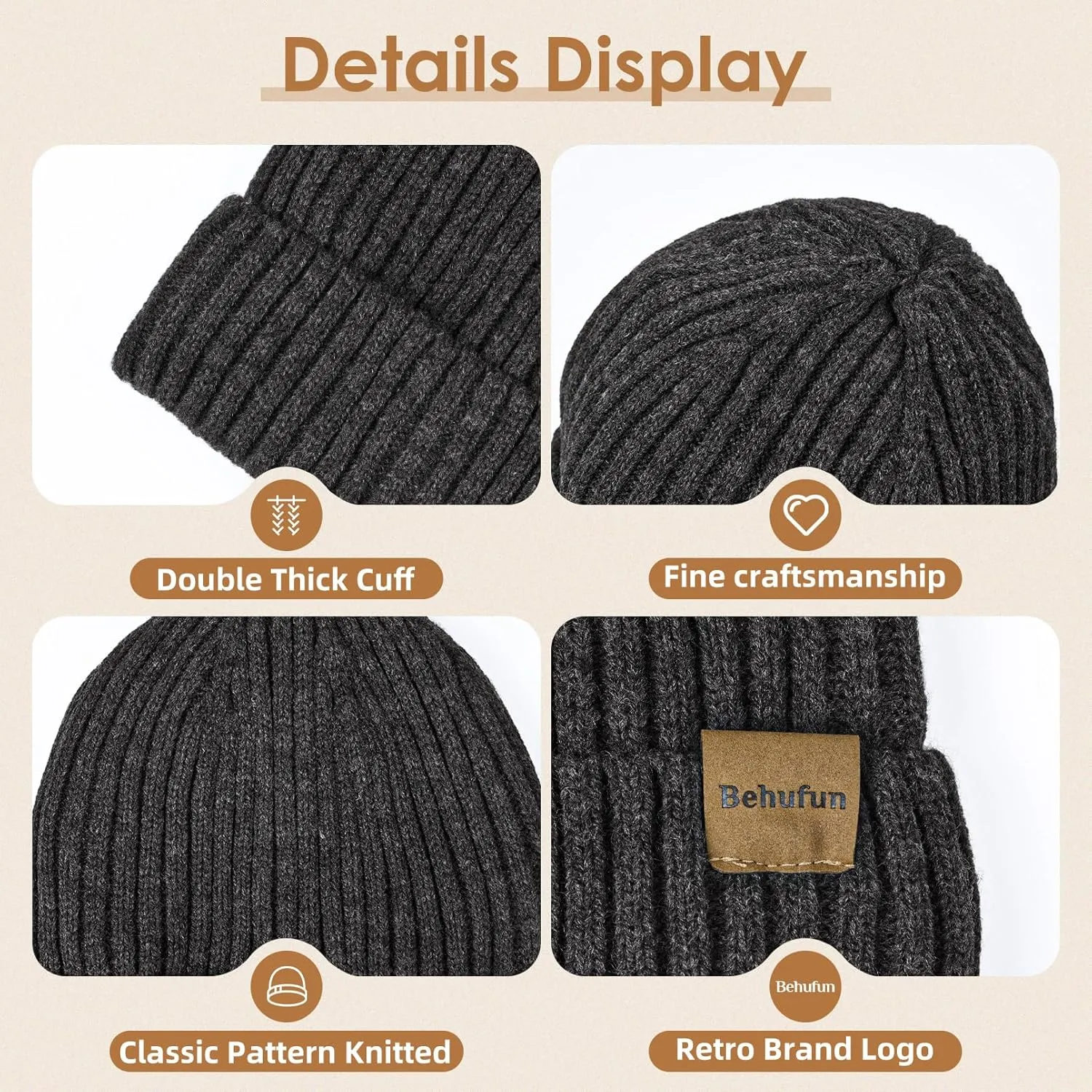 Beanies Hats Men 3 Pack, Unisex Beanie for Men Women, Warm Soft Polar Fleece Lining Thick Knit Cuff Winter Hat