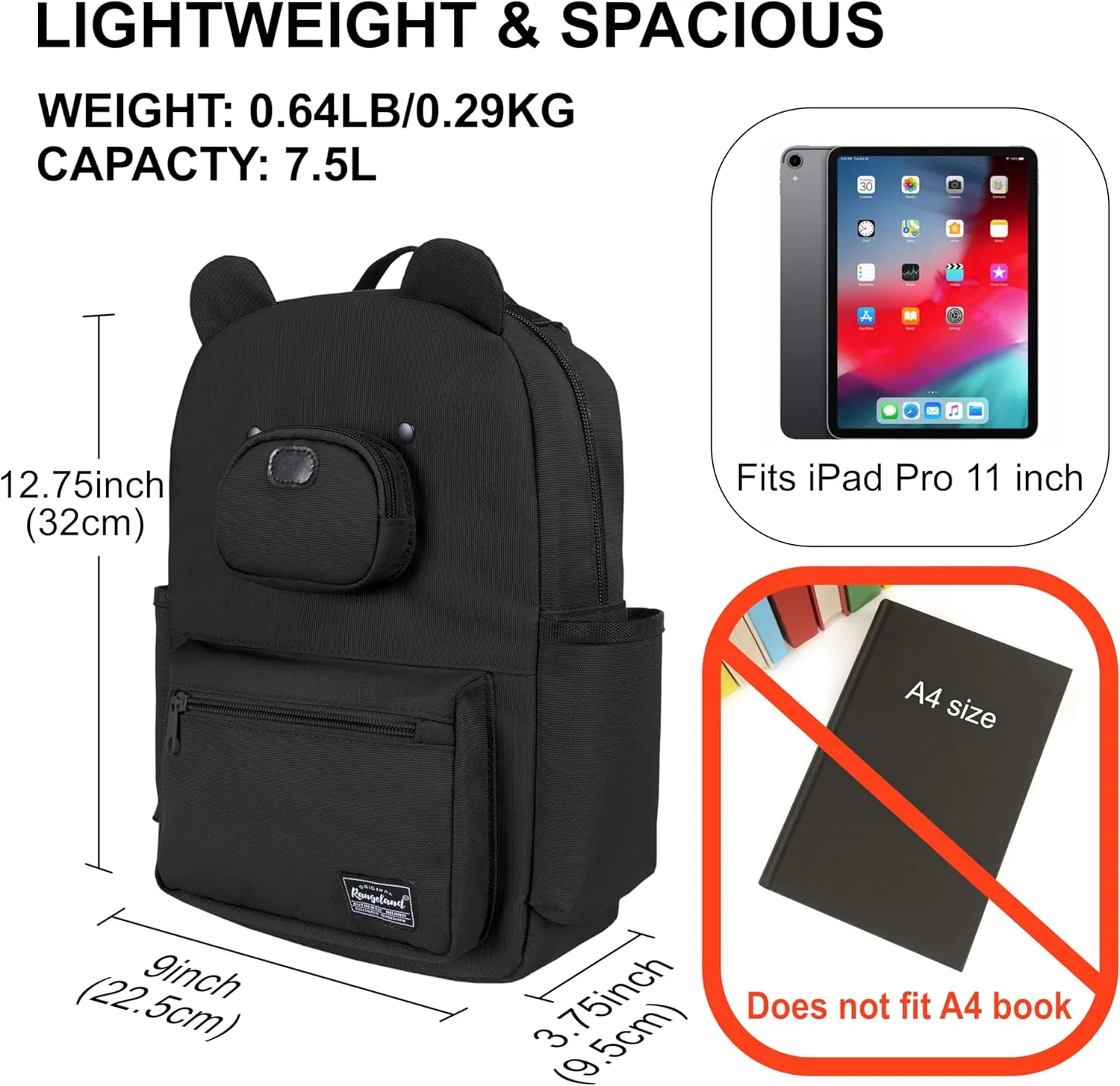 Bear Mini Daily Backpack for Woman Teenagers with Tablet Sleeve and Water Bottle Pocket, Lightweight Stylish Casual Daypack, Black
