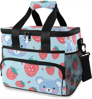 Bear Strawberry Blue Cooler Bag Insulated Cooler Soft Sided Cooler 24 Can Portable Picnic Bag Large Leakproof Lunch Bag Box for Beach Grocery Camping Travel Car Men Women