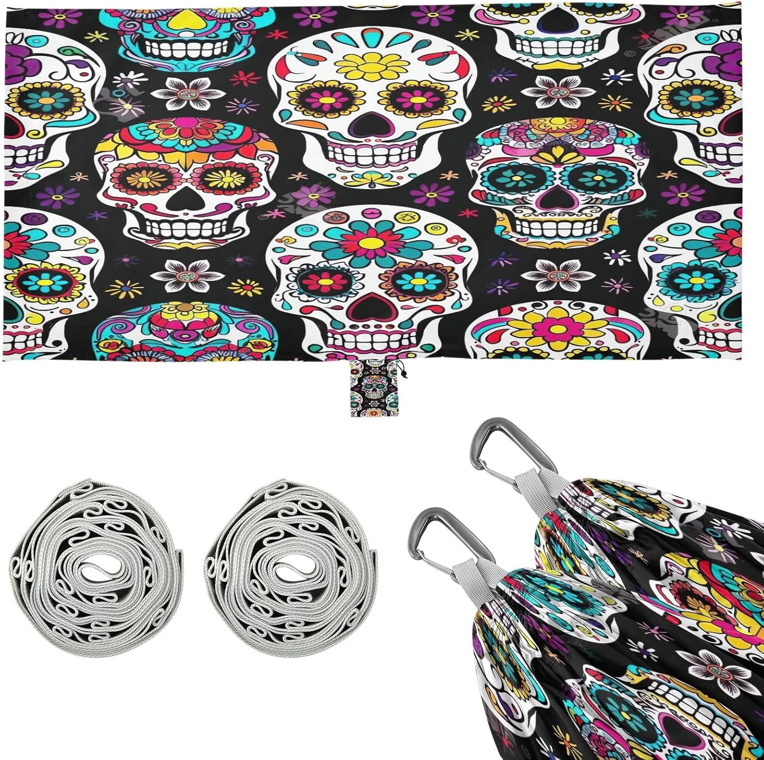 Beautiful Sugar Skull Camping Hammock, 330 lbs with 2 Tree Straps, Carry Bag, Single Portable Hammock for Outdoor/Indoor, Hiking, Beach, Backpacking, Travel
