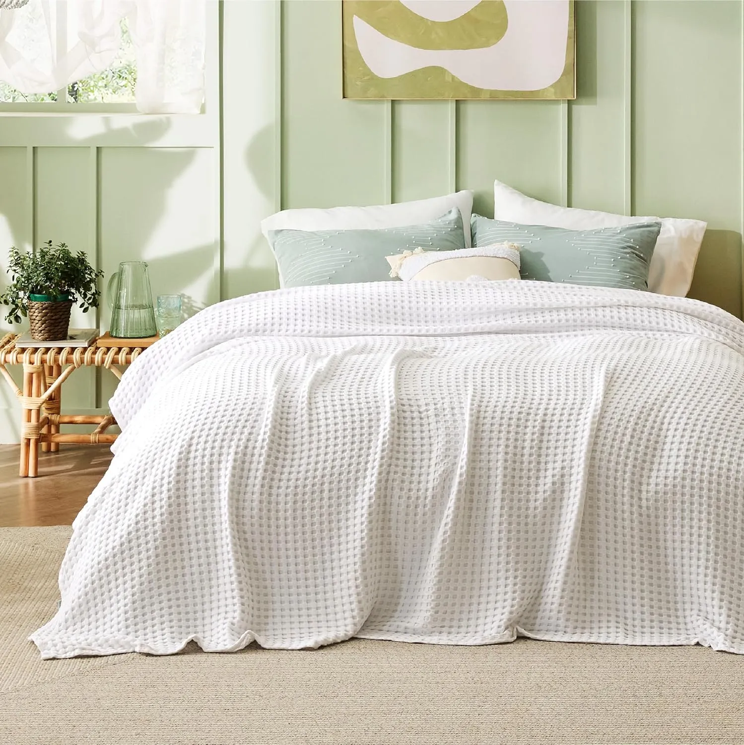 Bedsure Cooling Cotton Waffle Queen Size Blanket - Lightweight Breathable Summer Blanket of Rayon Derived from Bamboo for Hot Sleepers, Luxury Throws for Bed, Couch and Sofa, Ivory, 90x90 Inches