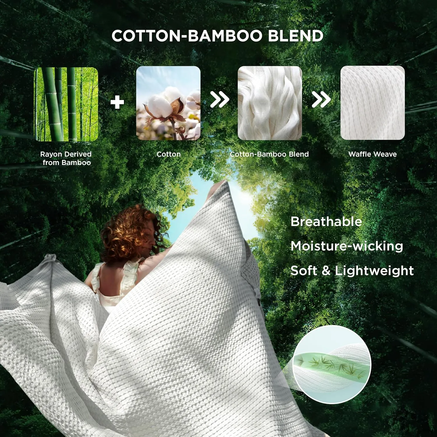 Bedsure Cooling Cotton Waffle Queen Size Blanket - Lightweight Breathable Summer Blanket of Rayon Derived from Bamboo for Hot Sleepers, Luxury Throws for Bed, Couch and Sofa, Ivory, 90x90 Inches