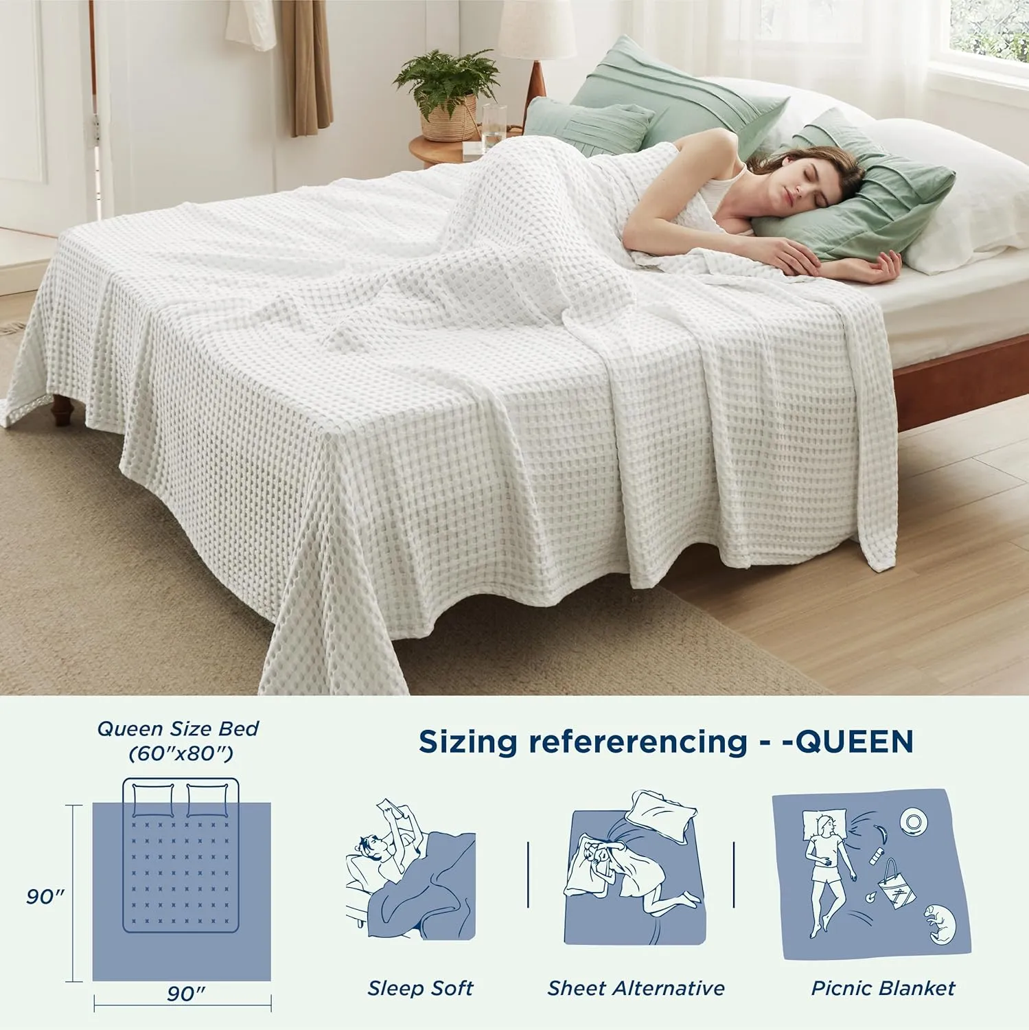 Bedsure Cooling Cotton Waffle Queen Size Blanket - Lightweight Breathable Summer Blanket of Rayon Derived from Bamboo for Hot Sleepers, Luxury Throws for Bed, Couch and Sofa, Ivory, 90x90 Inches