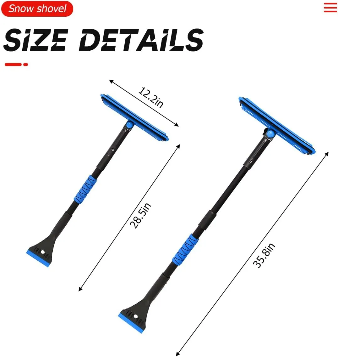 BELOMI 36" Car 3-in-1 Snow Brush, Detachable & Extendable Ice Scraper with Wide Foam Head & Ergonomic Grip, Lightweight Aluminum Snow Removal Tools Windshield & Paint Safe Shovel for Vehicle (Blue)